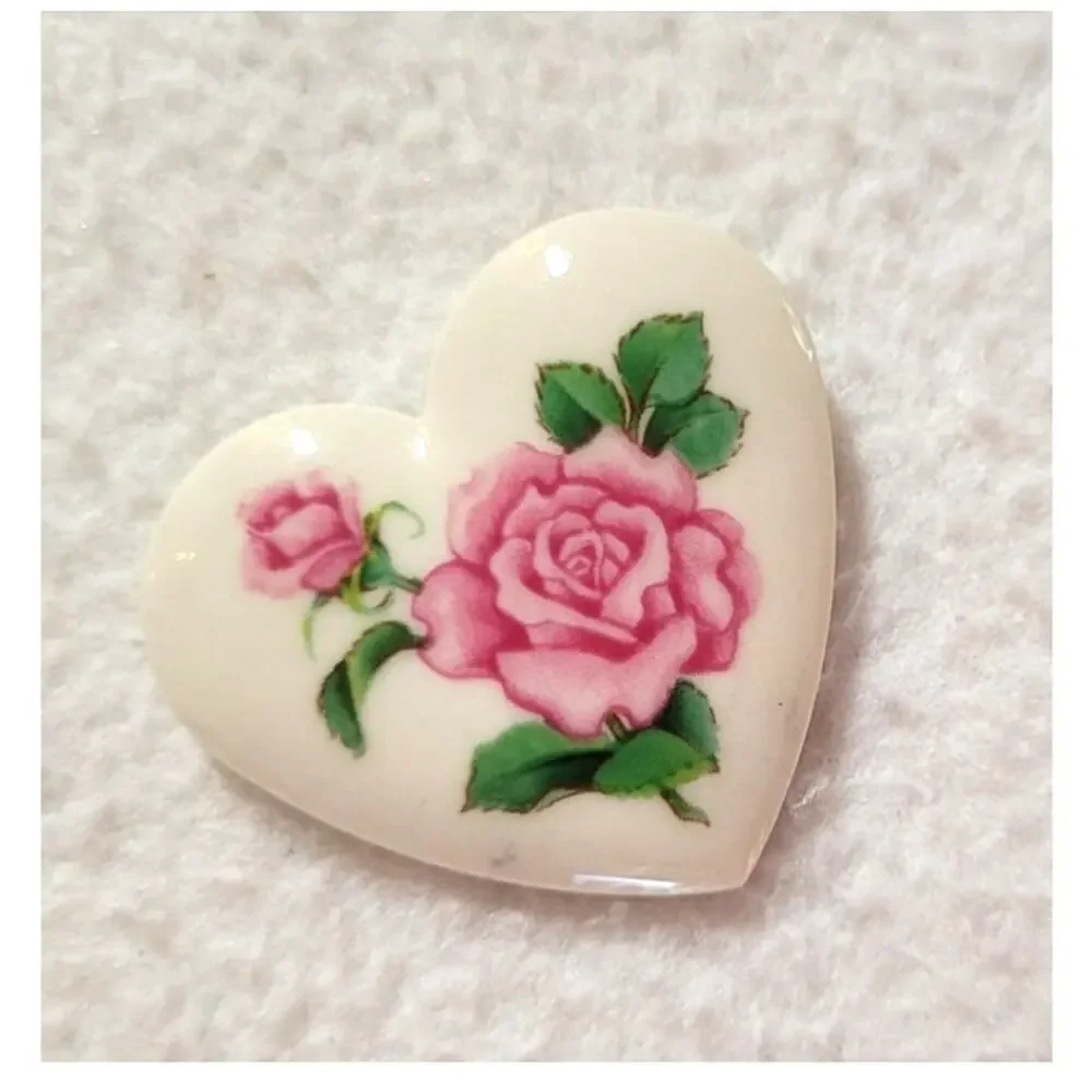 Vtg Avon White Heart Brooch Pink Roses Floral Porcelain Romantic Cottagecore